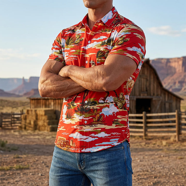 Red Wild West Desert Cowboy & Cactus Art Print Shirt - Red - 6XL - image 0
