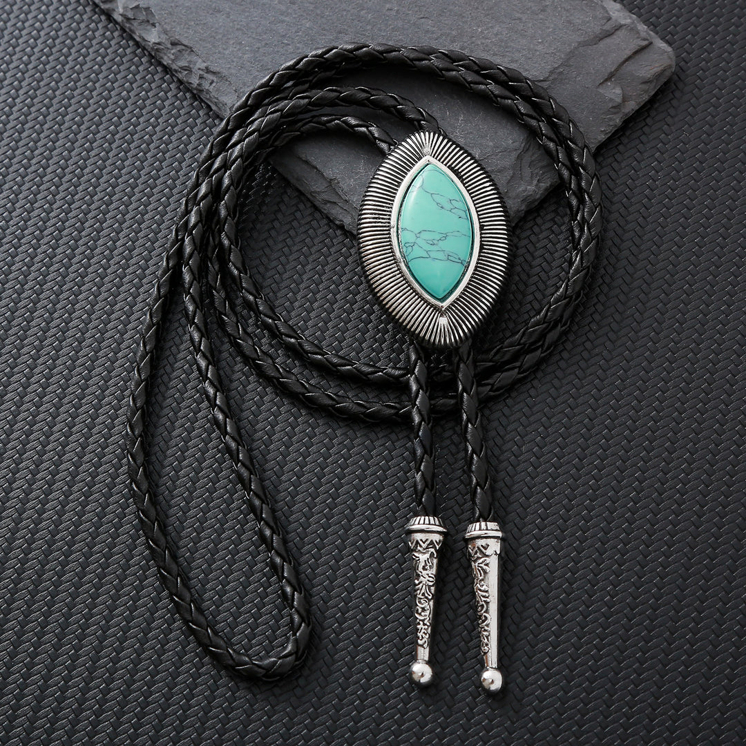 Vintage Antique Twisted Border Oval Cat Eye Stone Bolo Tie - Turquoise - image 3