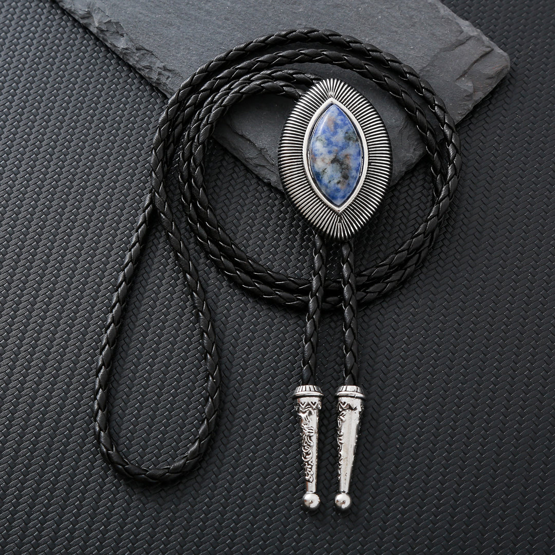 Vintage Antique Twisted Border Oval Cat Eye Stone Bolo Tie - Blue Sodalite - image 6