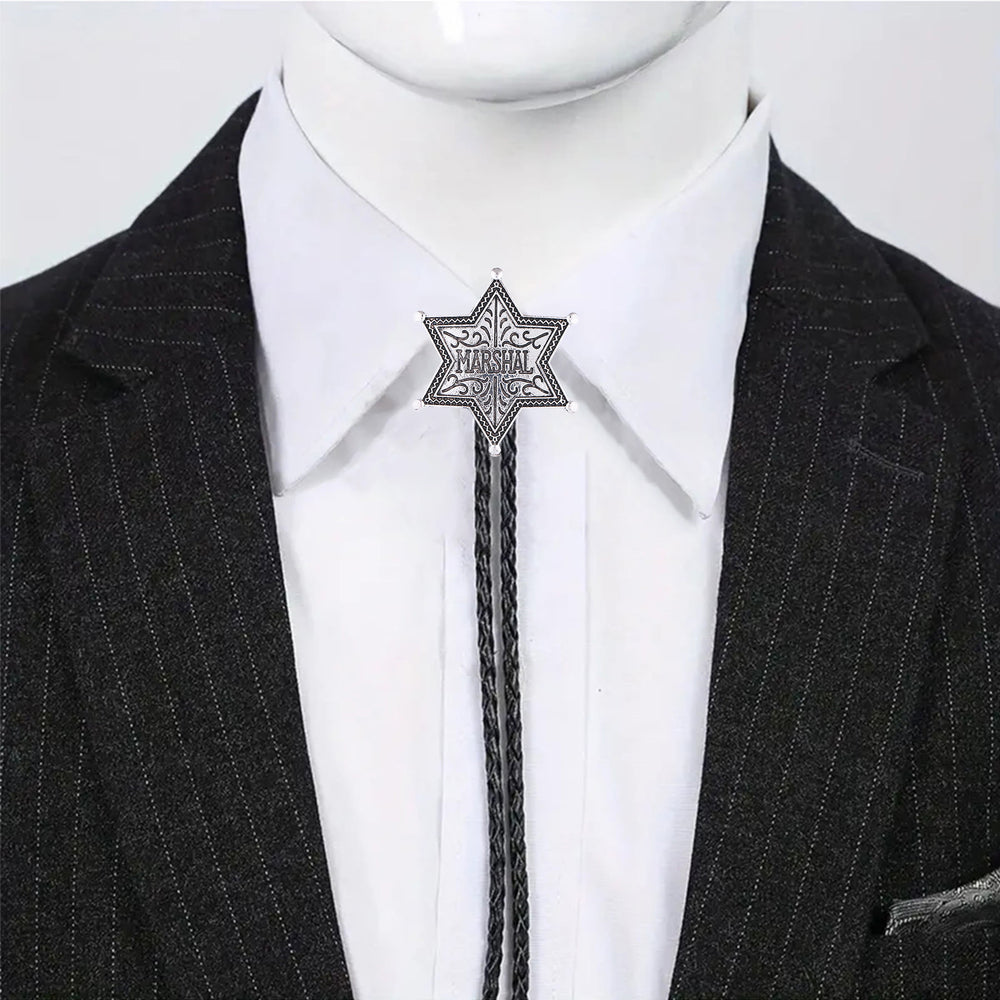 Vintage Western Marshal Hexagram Star Badge Bolo Tie - image 1