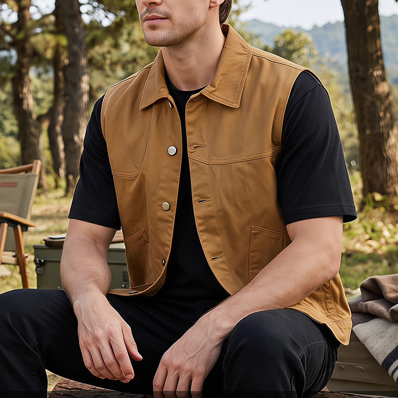 Men's American Vintage  Casual Washed Double Pockets Denim Vest - Yellow - 4XL - image 0