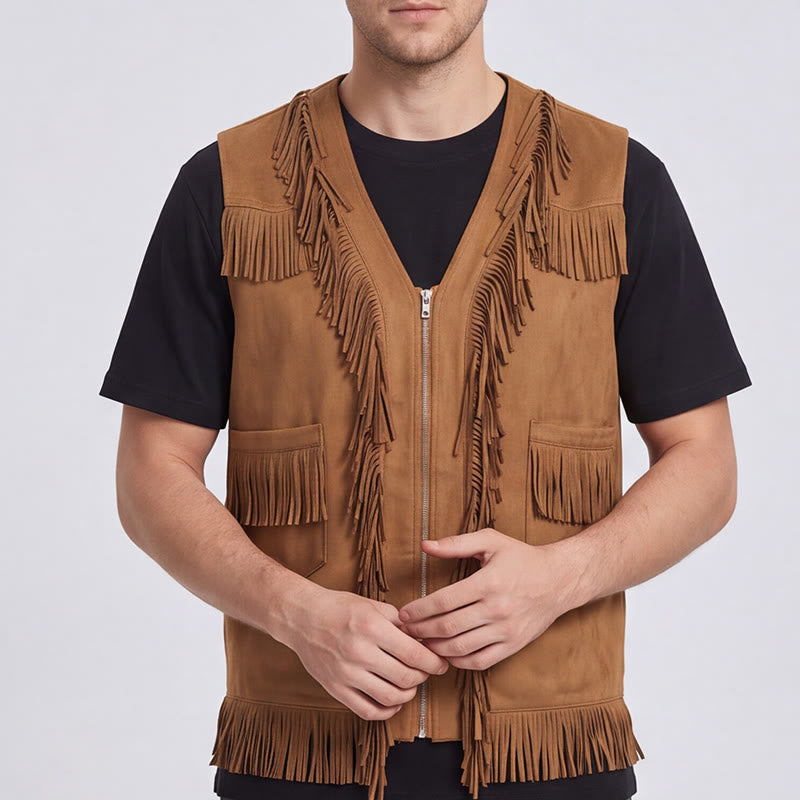 Men's Western Hippie Style Fringe Suede Vest - image 1