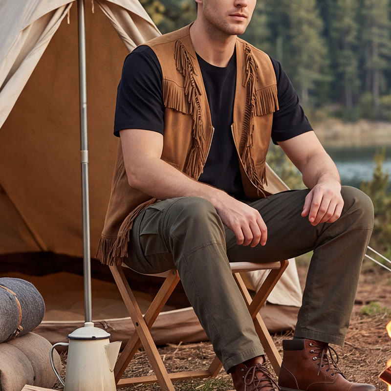 Men's Western Hippie Style Fringe Suede Vest - Brown - 2XL - image 0