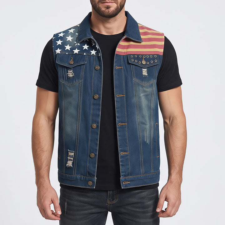 Men's American Flag Distressed Slim Fit Korean Style Denim Vest - image 1
