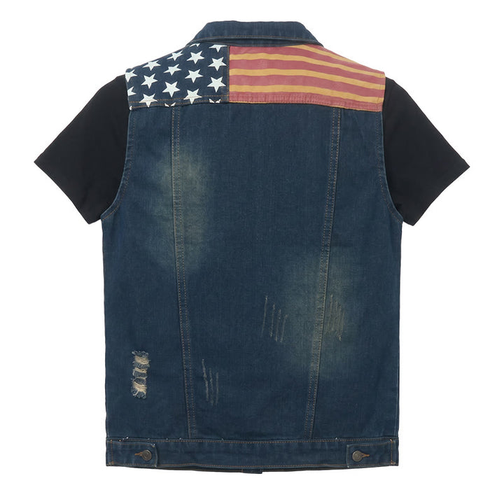 Men's American Flag Distressed Slim Fit Korean Style Denim Vest - image 9