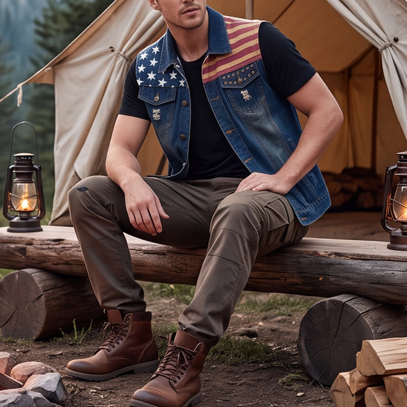 Men's American Flag Distressed Slim Fit Korean Style Denim Vest - Blue - 6XL - image 0