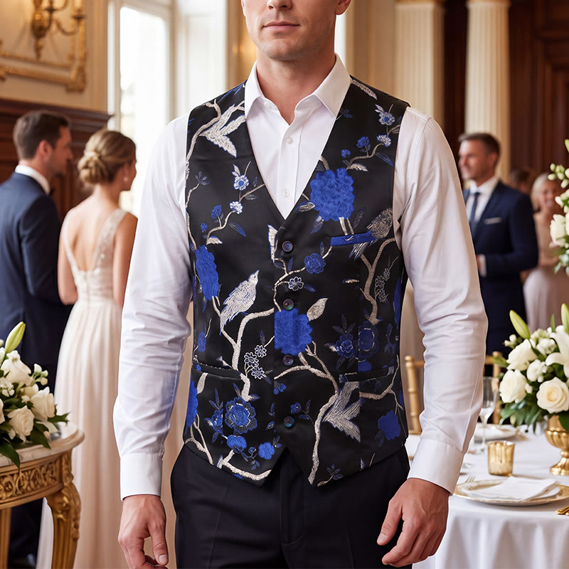 Men's Oriental Floral Jacquard Slim Fit Suit Vest - Royal Blue - 4XL - image 4