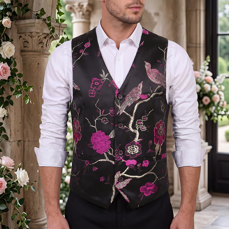 Men's Oriental Floral Jacquard Slim Fit Suit Vest - Rose - 4XL - image 6