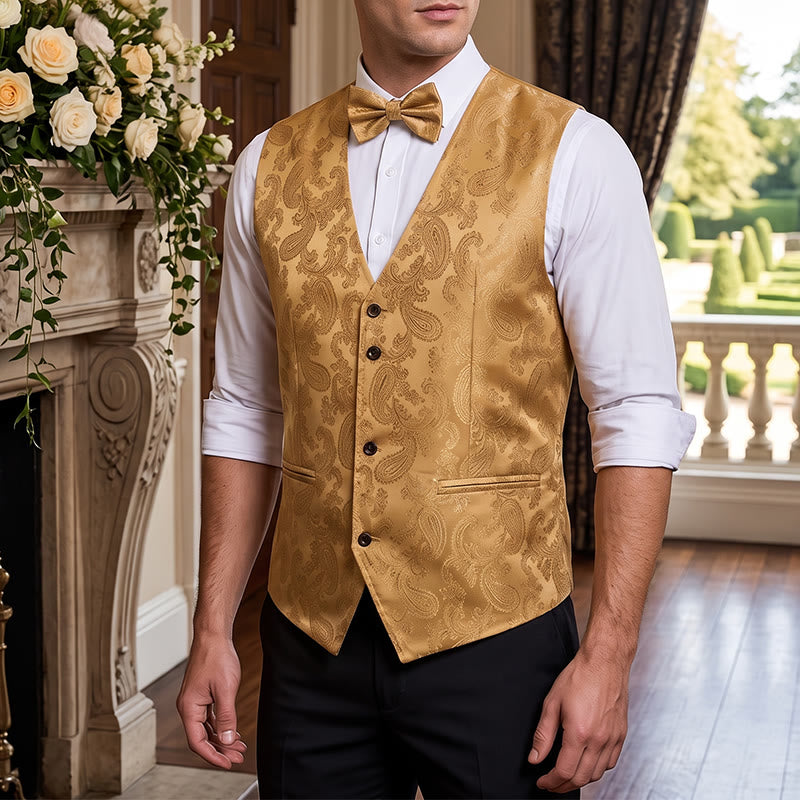 Men's 2Pcs Shiny Paisley Pattern With Bow Tie Suit Vest With Bow Tie - Yellow - S - image 7