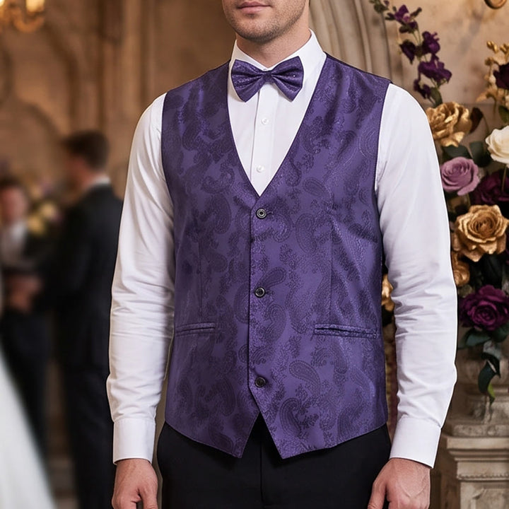 Men's 2Pcs Shiny Paisley Pattern With Bow Tie Suit Vest With Bow Tie - Purple - S - image 0