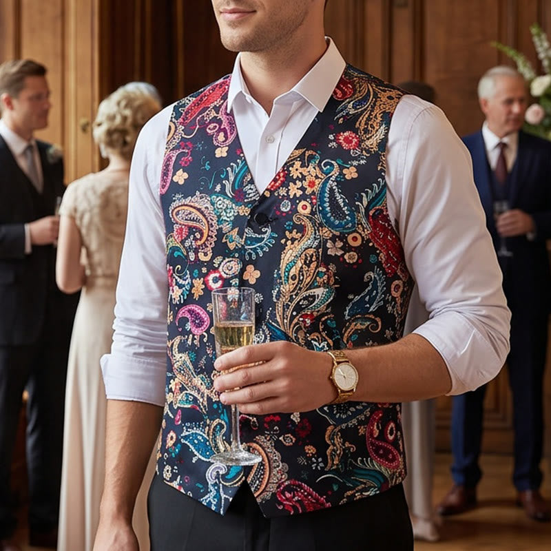 Men's Vintage Colorful Paisley Print Suit Vest - Multicolor - 4XL - image 0