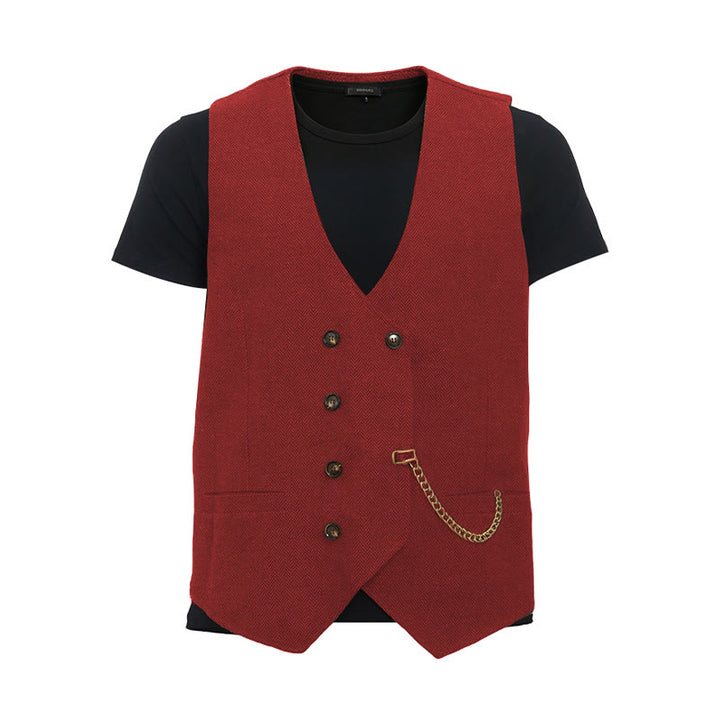 Men's British Retro Double Breasted Suit  Vest - Red - 3XL - image 14