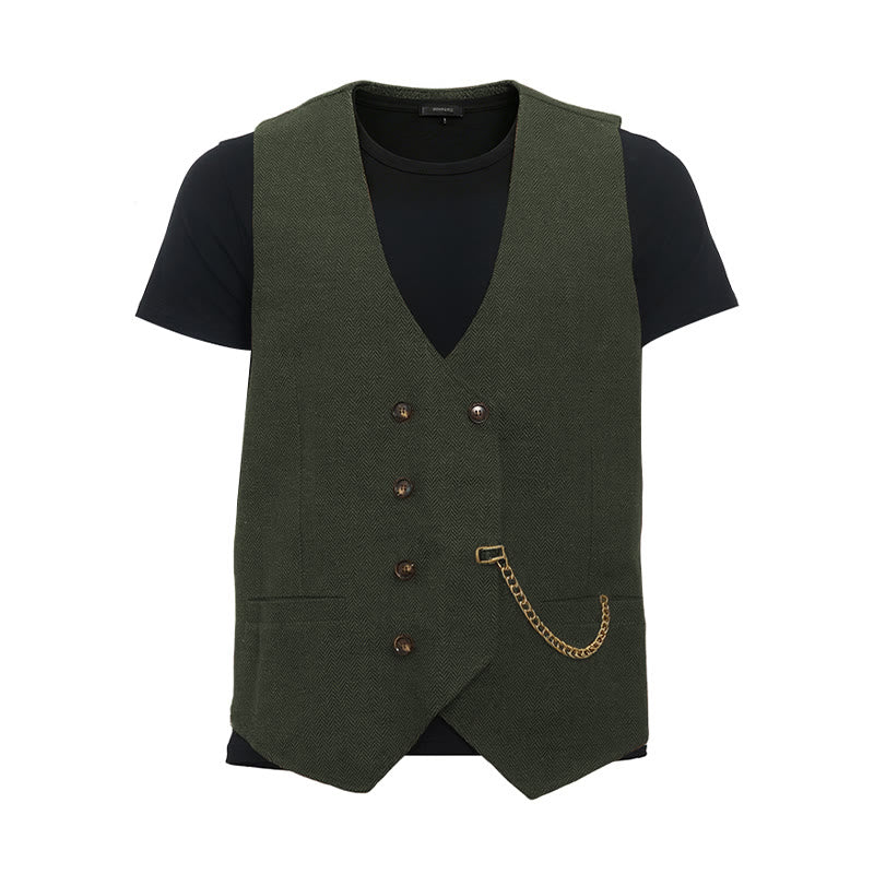 Men's British Retro Double Breasted Suit  Vest - Army Green - 3XL - image 19