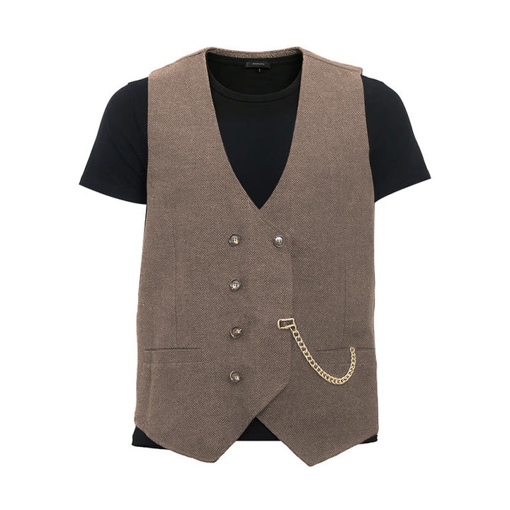 Men's British Retro Double Breasted Suit  Vest - Light Brown - 3XL - image 25