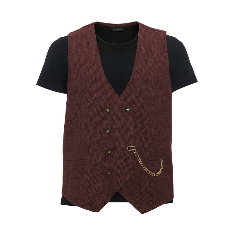 Men's British Retro Double Breasted Suit  Vest - Wine - 3XL - image 15