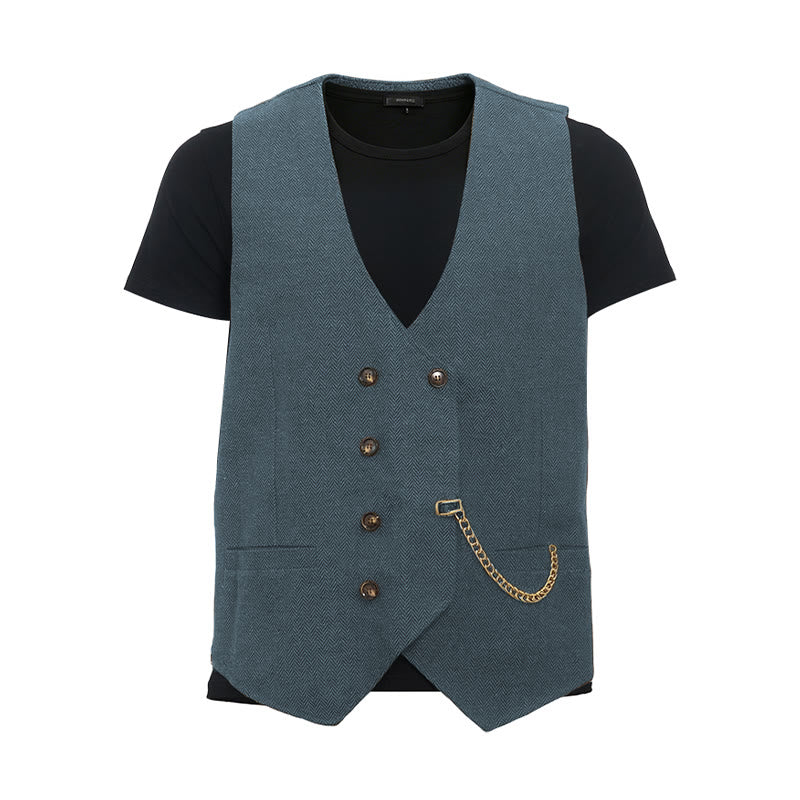 Men's British Retro Double Breasted Suit  Vest - Light Navy - 3XL - image 23