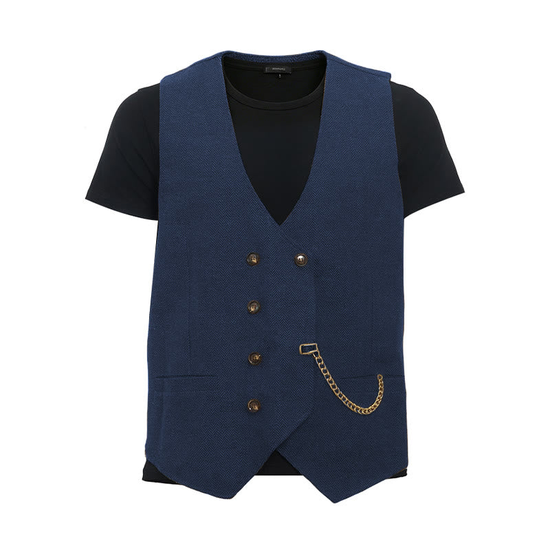 Men's British Retro Double Breasted Suit  Vest - Navy - 3XL - image 22