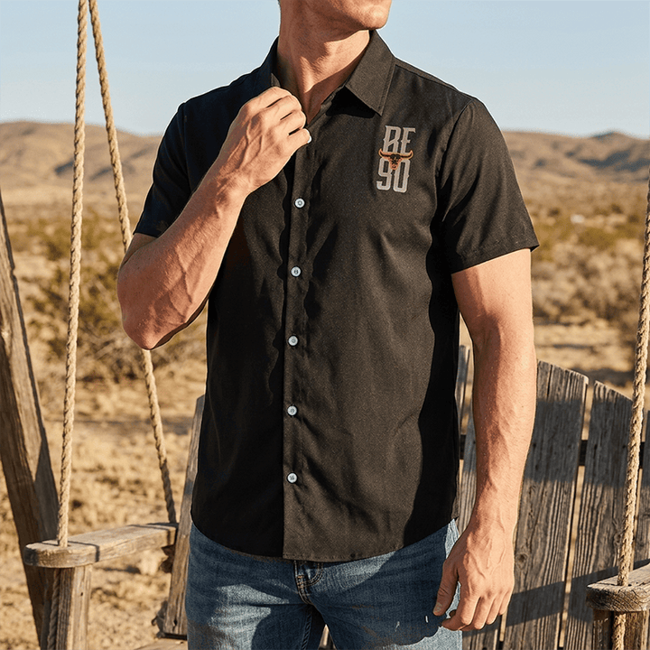 Men's Western Bull Skull American Flag Print Shirt - Black - 6XL - image 0