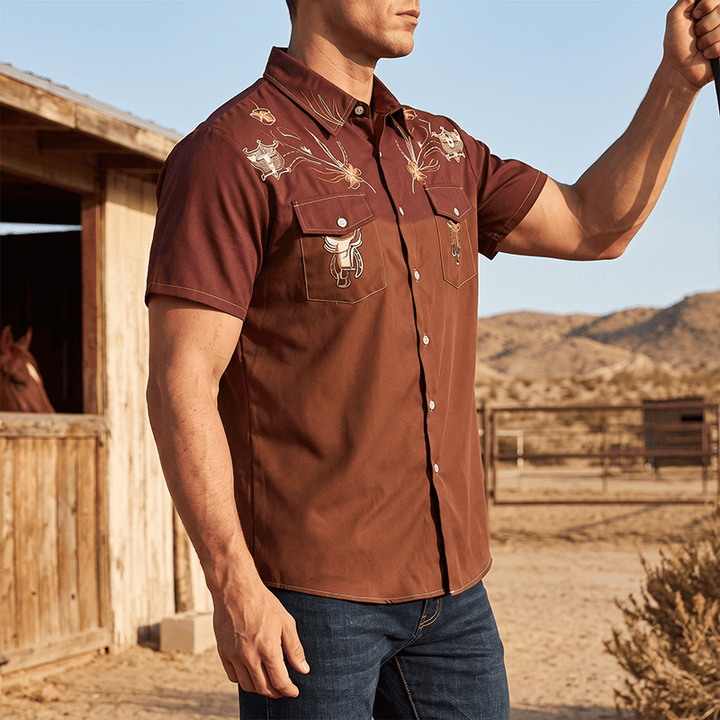 Men's Two-tone Streetwear Western Cowboy Outfit Shirt - Wine&Brown - 5XL - image 0