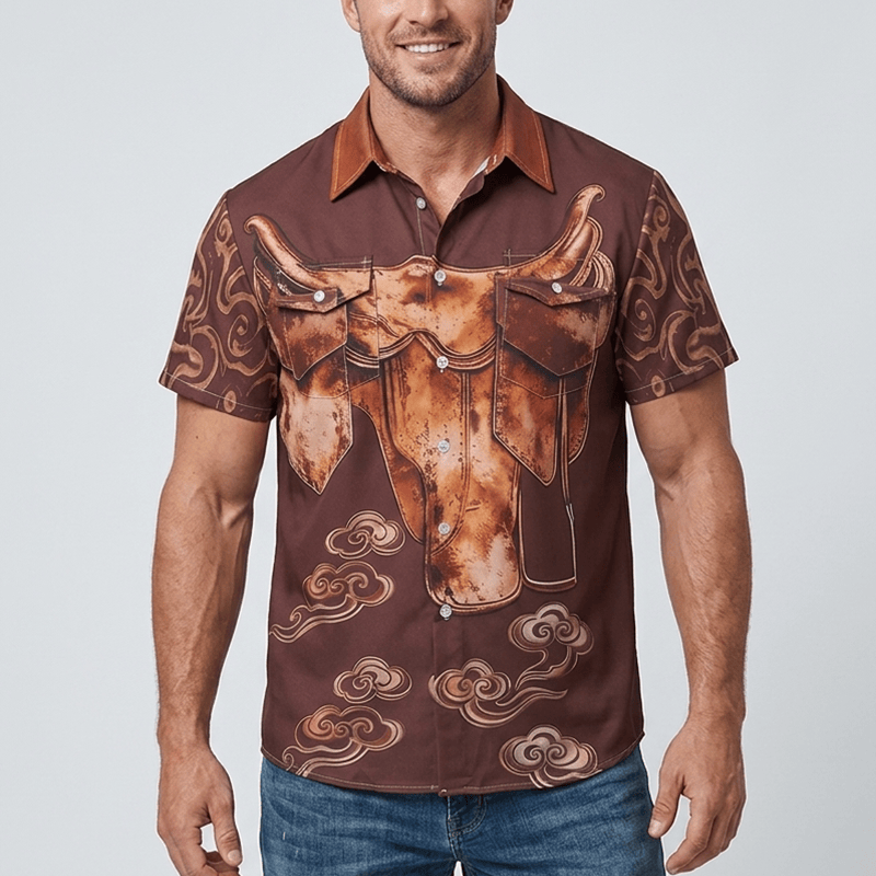 Men's Vintage Distressed Saddle Print Western Cowboy Streetwear Shirt - image 1