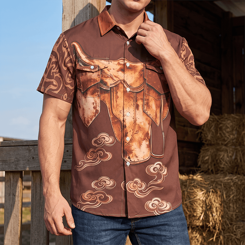 Men's Vintage Distressed Saddle Print Western Cowboy Streetwear Shirt - Coffee - 5XL - image 0