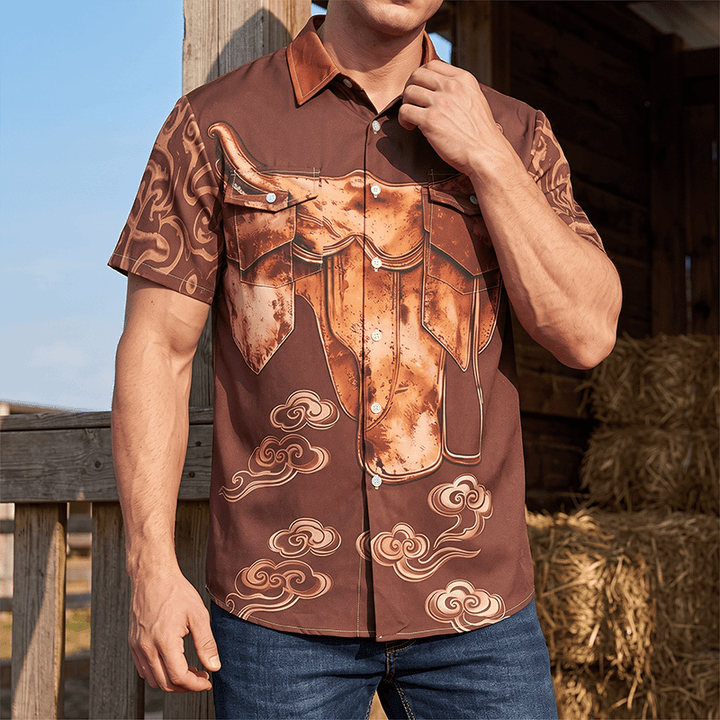 Men's Vintage Distressed Saddle Print Western Cowboy Streetwear Shirt - Coffee - 5XL - image 0