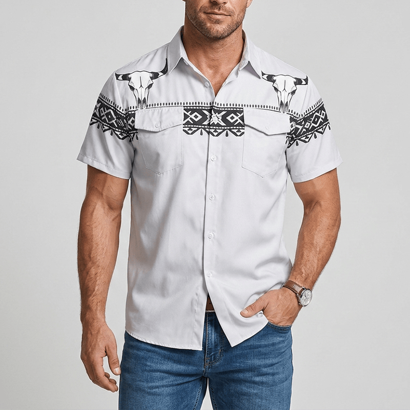 Men's Streetwear Aztec Western Tribal Bull Skull Print Shirt - image 1