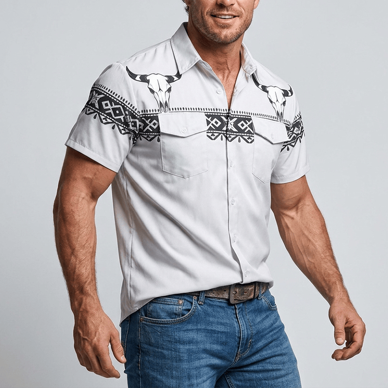 Men's Streetwear Aztec Western Tribal Bull Skull Print Shirt - image 3