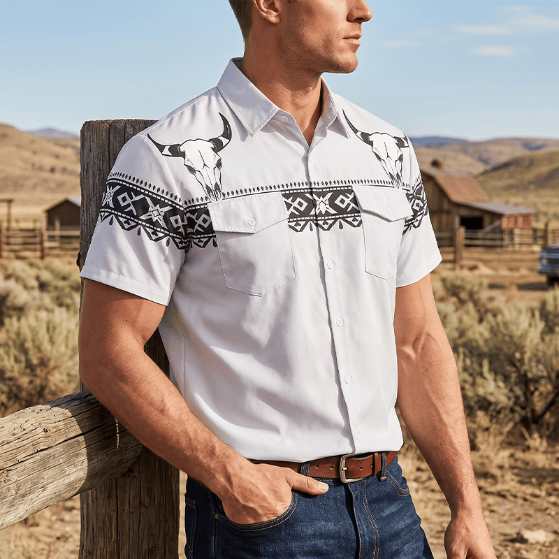 Men's Streetwear Aztec Western Tribal Bull Skull Print Shirt - Light Gray - 5XL - image 0