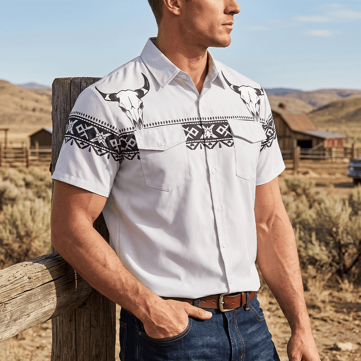 Men's Streetwear Aztec Western Tribal Bull Skull Print Shirt - Light Gray - 5XL - image 0