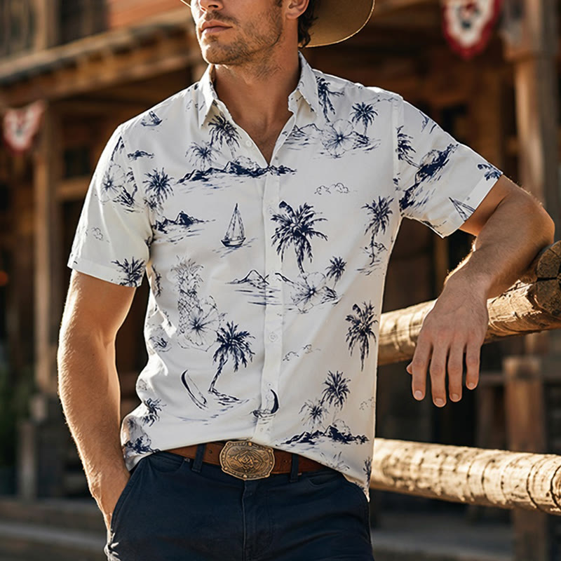 Men's Tropical Island Print Summer Holiday Short Sleeve Shirt - White - 5XL - image 0