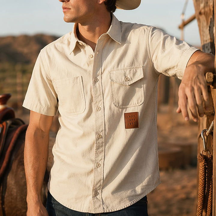 Men's City Boy Workwear Shirt With Retro Label Patch - Beige - 5XL - image 11