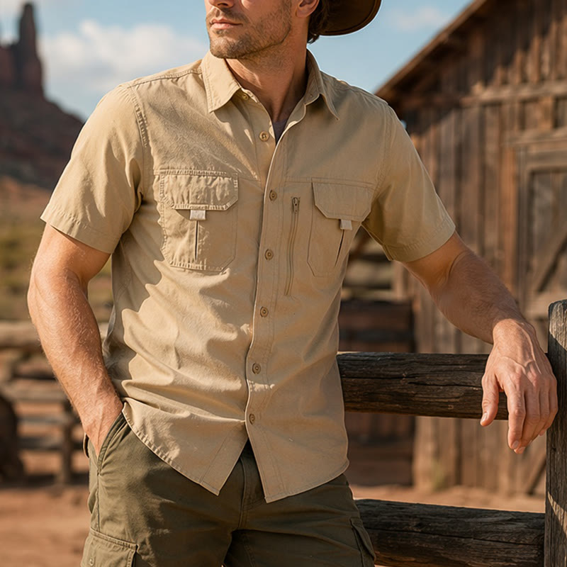 Men's Summer Outdoor Multi-Pocket Workwear Shirt - Khaki - 4XL - image 4