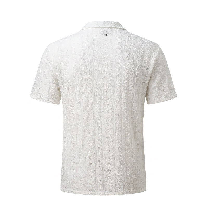 White Breathable Eyelet Embroidery Cuban Collar Cotton Shirt - image 9