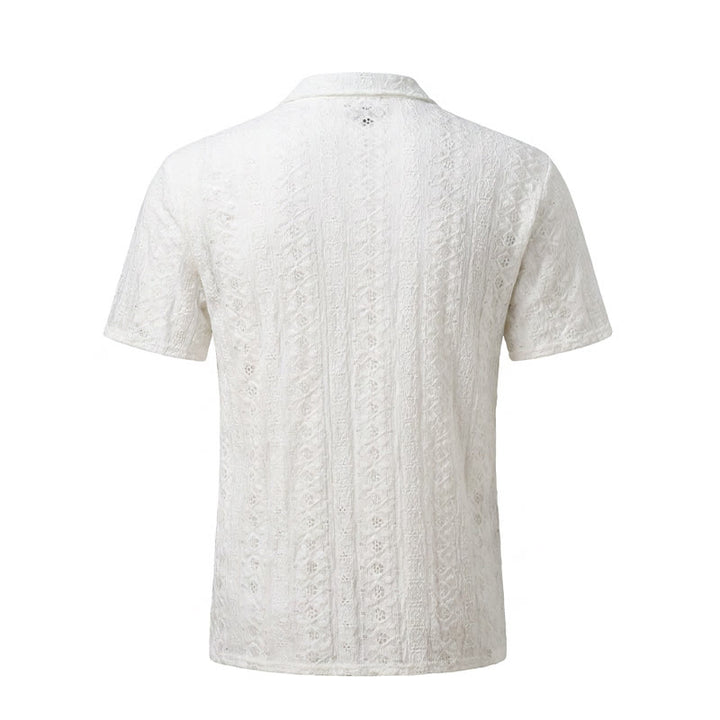 White Breathable Eyelet Embroidery Cuban Collar Cotton Shirt - image 9