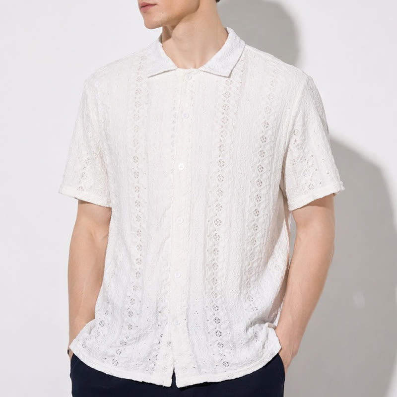White Breathable Eyelet Embroidery Cuban Collar Cotton Shirt - image 3