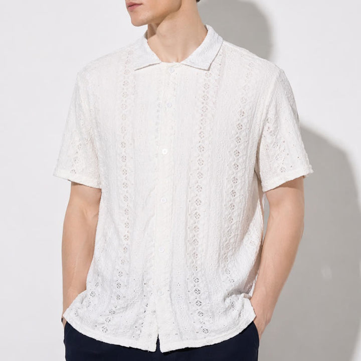 White Breathable Eyelet Embroidery Cuban Collar Cotton Shirt - image 3