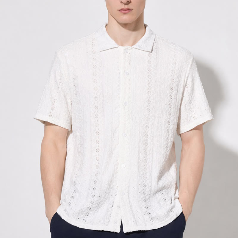 White Breathable Eyelet Embroidery Cuban Collar Cotton Shirt - image 1