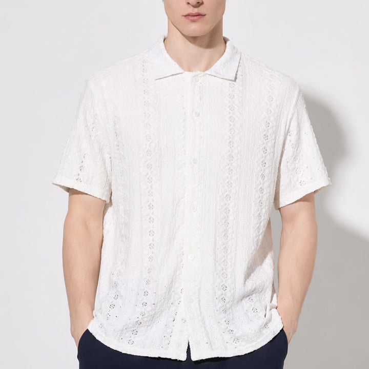 White Breathable Eyelet Embroidery Cuban Collar Cotton Shirt - image 1