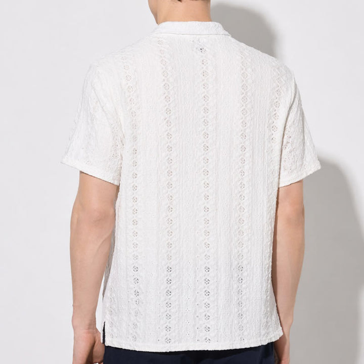 White Breathable Eyelet Embroidery Cuban Collar Cotton Shirt - image 2