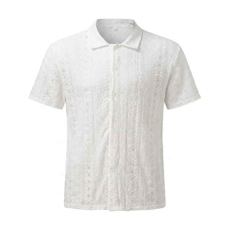 White Breathable Eyelet Embroidery Cuban Collar Cotton Shirt - image 8