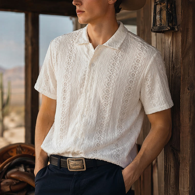 White Breathable Eyelet Embroidery Cuban Collar Cotton Shirt - White - 2XL - image 0