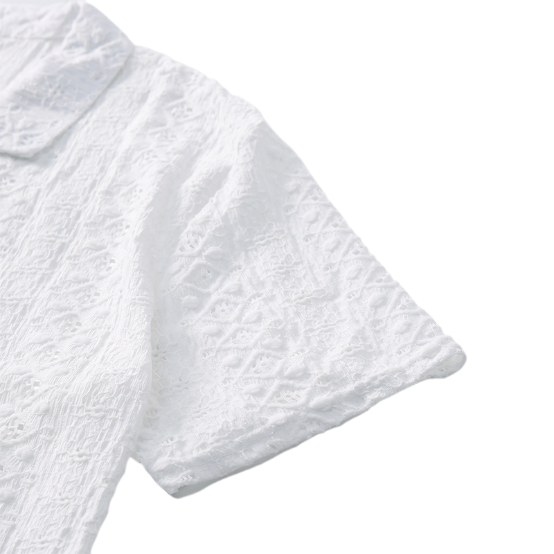 White Breathable Eyelet Embroidery Cuban Collar Cotton Shirt - image 7