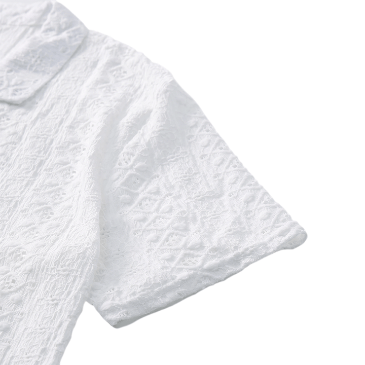 White Breathable Eyelet Embroidery Cuban Collar Cotton Shirt - image 7