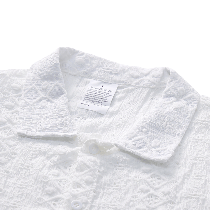 White Breathable Eyelet Embroidery Cuban Collar Cotton Shirt - image 4