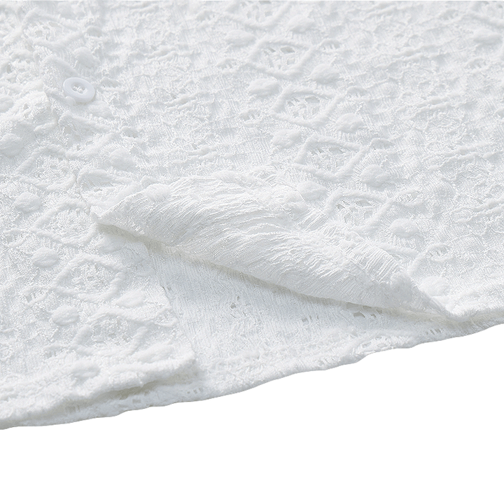 White Breathable Eyelet Embroidery Cuban Collar Cotton Shirt - image 6