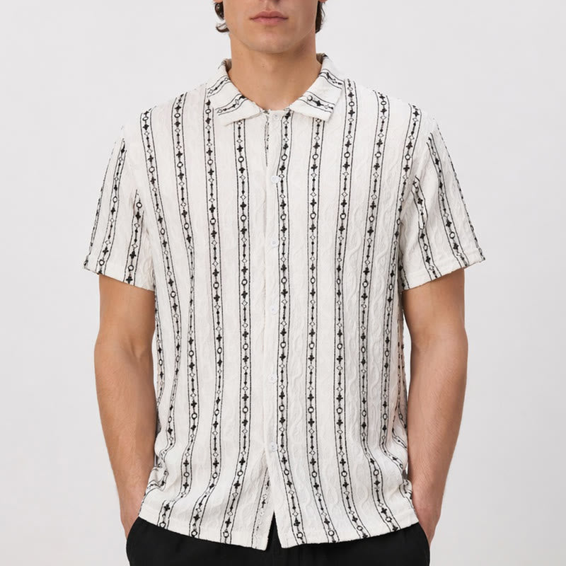 Geometric Vertical  Striped Pattern Cuban Collar Cotton Shirt - image 1