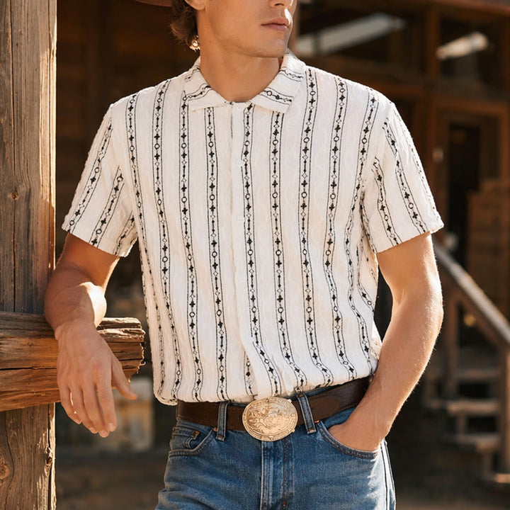 Geometric Vertical  Striped Pattern Cuban Collar Cotton Shirt - White & Black - 2XL - image 0