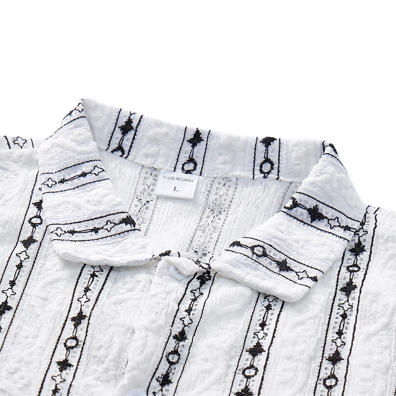 Geometric Vertical  Striped Pattern Cuban Collar Cotton Shirt - image 4