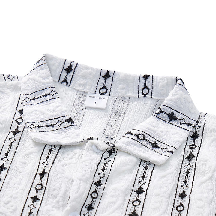 Geometric Vertical  Striped Pattern Cuban Collar Cotton Shirt - image 4